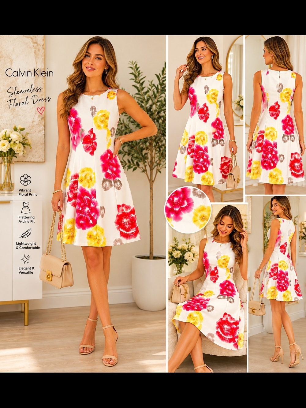 Calvin Klein White Sleeveless A-Line Dress with Pink & Yellow Floral Print